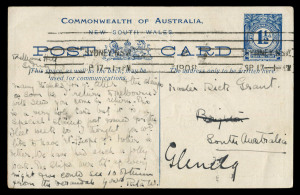 NEW SOUTH WALES - Postal Stationery : POSTAL CARDS - GREAT WHITE FLEET: (H&G #35) 1½d blue Fleet Card 1908 (Sep.17) postal use from Sydney to Glenelg (SA). Rarest of all the Fleet Cards. Very few used examples are recorded.