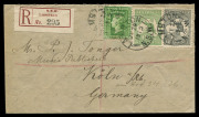 Kangaroos - First Watermark : July 1913 usage of ½d Green and 2d Grey Kangaroos in combination with NSW 3d Green paying the registered rate from LAMBTON NSW to KOLN, GERMANY with departure, transit and arrival backstamps.