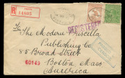 Kangaroos - First Watermark : May 1915 usage of 5d Chestnut + ½d Green KGV on registered cover from Perth to BOSTON, U.S.A. with blue rectangular CENSOR cachet; Boston and New York backstamps. Fine and rare.