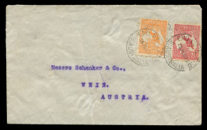 Kangaroos - First Watermark : July 1913 usage of 1d Red and 4d Orange, both with "ES & Co Ltd" perfins, tied by "ENGLISH MAIL T.P.O. S.AUSTRALIA" cds's on Elder, Smith & Co., Adelaide cover to Vienna, AUSTRIA.