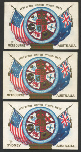 AUSTRALIAN PICTURE POSTCARDS : POSTAL CARDS - GREAT WHITE FLEET: 'VISIT OF THE UNITED STATES FLEET' unstamped formular Postal Cards inscribed at base 'TO/SYDNEY' (unused) or 'TO/MELBOURNE' (2, unused & used 1909 Brunswick to SA); fine condition. (3) Officially distributed as unstamped cards to allow sailors to post the cards from any port-of-call.