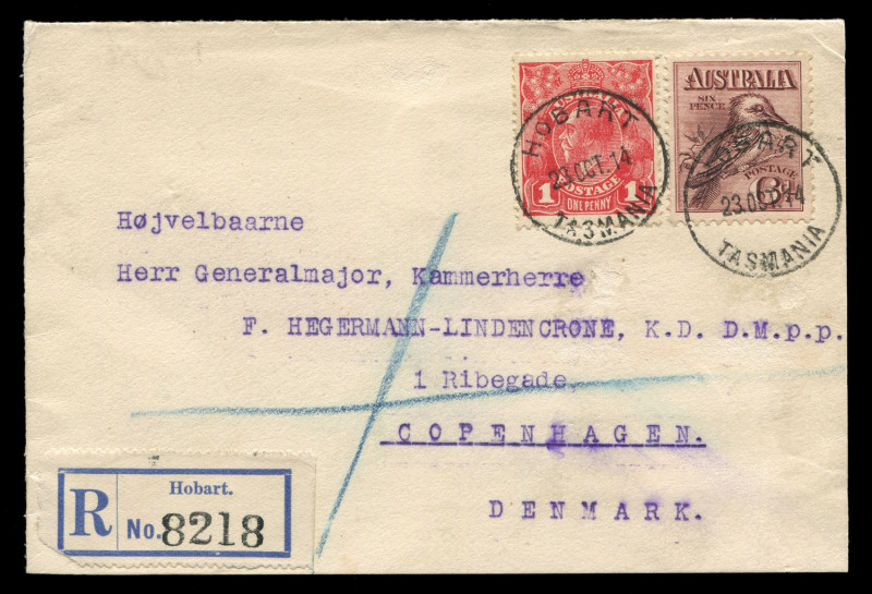 KGV Engraved Issues : October 1914 usage of 6d Engraved Kookaburra in combination with 1d Red KGV on registered cover from The Royal Danish Vice-Consulate HOBART to Copenhagen, DENMARK; the adhesives tied by HOBART cds's; London & Copenhagen backstamps in