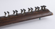 ALCOCK, THOMSON & TAYLOR blackwood billiards scoreboard, rack and cues, early 20th century, the board 95cm high, 30cm wide, 7cm deep - 7