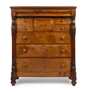 An Australian birdseye huon pine chest of eight drawers, kauri pine secondary timbers, 19th century, ​144cm high, 121cm wide, 58cm deep
