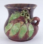 MARGARET KERR rare Australian pottery vase adorned with gumnuts and leaves, glazed in pink and green, incised "Margaret Kerr, Melbourne", ​an impressive 21.5cm high, 24cm wide - 2