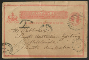 QUEENSLAND - Postal Stationery : POSTAL CARDS: (H&G #1) 1882 (Jun.19) use of 1d Postal Card from Bogantungan to South Australia, taxed as deemed invalid for interstate use, taxed at 2d double deficiency with boxed 'INSUFFICIENTLY/PRE-PAID' handstamp applied. The 1d Postal Card rate was not introduced to the Australian Colonies until January 1887 so 1d Postal Cards sent interstate prior to this date were treated as short paid & taxed accordingly.