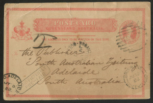 QUEENSLAND - Postal Stationery : POSTAL CARDS: (H&G #1) 1882 (Jun.19) use of 1d Postal Card from Bogantungan to South Australia, taxed as deemed invalid for interstate use, taxed at 2d double deficiency with boxed 'INSUFFICIENTLY/PRE-PAID' handstamp appli