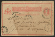 QUEENSLAND - Postal Stationery : POSTAL CARDS: (H&G #1) 1882 (Jun.19) use of 1d Postal Card from Bogantungan to South Australia, taxed as deemed invalid for interstate use, taxed at 2d double deficiency with boxed 'INSUFFICIENTLY/PRE-PAID' handstamp appli