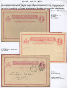 QUEENSLAND - Postal Stationery : POSTAL CARDS: 1880-86 (H&G #1-3) range of issued 1d Cards with handstamped 'SPECIMEN' (3), two diagonally in violet or blue for UPU, the other horizontally in black from Printer's Book (only 3 recorded), also various shades unused (6) and used (8) including earliest recorded date of use 1880 (Nov.19) from Toowoomba to Brisbane, also 1886 Jondaryan to Toowoomba, 1887 to Brisbane with BN '233' cancel & 'TPO S&WR' datestamp; few with aging, generally fine. (17 items