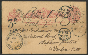 QUEENSLAND - Postal Stationery : POSTAL CARDS: (H&G #4) 1888 (Oct.16) use of 1d Postal Card (horizontal fold) to London, not uprated so taxed for deficiency with manuscript "Def Postage 1d/Fine 2d} 3d" marking and bold strike of '3D/620' handstamp, Rays '