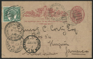 QUEENSLAND - Postal Stationery : POSTAL CARDS: (H&G #4) 1896 (Sep.11) use of 1d Postal Card uprated with ½d for transit to Jamaica tied by Bars '386' with fine strike of KILKIVAN JUNCTION Type 3c datestamp (rated R) alongside, dated message on reverse, BRISBANE & FOREIGN N.Y. (New York) transits and KINGSTON arrival datestamp. The only known commercially used example to this destination.