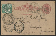 QUEENSLAND - Postal Stationery : POSTAL CARDS: (H&G #4) 1896 (Sep.11) use of 1d Postal Card uprated with &frac12;d for transit to Jamaica tied by Bars '386' with fine strike of KILKIVAN JUNCTION Type 3c datestamp (rated R) alongside, dated message on reverse, BR