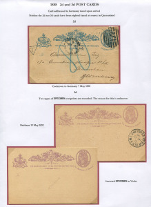QUEENSLAND - Postal Stationery : .POSTAL CARDS: (H&G #5-6) 1890 (May 7) postal use of 2d Card from Cooktown to Germany, taxed on arrival, this being the only recorded use of the 2d Card to Germany; also UPU 3d specimen examples (2), one with diagonal 'SPECIMEN' handstamp in violet, the other with BRISBANE 'MY19/92' CTO cancel. (3) No used examples of the 2d or 3d Cards, taxed at origin in Queensland, are known.