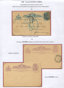 QUEENSLAND - Postal Stationery : .POSTAL CARDS: (H&G #5-6) 1890 (May 7) postal use of 2d Card from Cooktown to Germany, taxed on arrival, this being the only recorded use of the 2d Card to Germany; also UPU 3d specimen examples (2), one with diagonal 'SPE