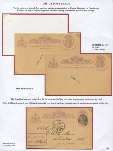 QUEENSLAND - Postal Stationery : POSTAL CARDS: (H&G #6) UPU 3d Specimen examples (2), both with diagonal 'SPECIMEN' handstamp in blue (one inverted); also an unused card and 1889 (Oct.21) postally used example from Brisbane to England with LONDON backstamp in red. (4) The Postcard rate was reduced to 2d, via any route, in May 1891, thus negating the purpose of 3d Card. Of the 10,942 cards printed only 2,780 were sold. Only 10 are known correctly used within the period to May 1891.