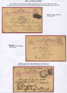 QUEENSLAND - Postal Stationery : POSTAL CARDS: (H&G #6) postally used examples of the 3d Postal Card, correctly used within the period of usage to UK destinations, comprising 1889 (Oct.21) Brisbane to London, 1890 (Mar.23) Mackay to Hereford, & 1890 (Aug.2) Brisbane to Scotland endorsed "Via San Francisco". (3) Only 10 cards are known correctly used within the period of usage to May 1891, when the rate was cut to 2d.