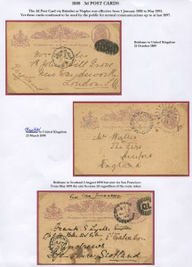 QUEENSLAND - Postal Stationery : POSTAL CARDS: (H&G #6) postally used examples of the 3d Postal Card, correctly used within the period of usage to UK destinations, comprising 1889 (Oct.21) Brisbane to London, 1890 (Mar.23) Mackay to Hereford, & 1890 (Aug.