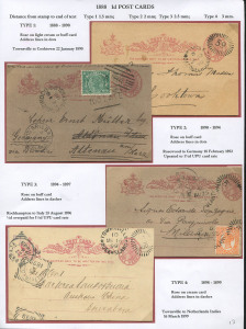 QUEENSLAND - Postal Stationery : POSTAL CARDS: 1888 (H&G #4) 1d Postal Card assembly comprising UPU specimen examples (2), one with diagonal 'SPECIMEN' handstamp in black, the other with BRISBANE 'JY29/91' CTO cancel; also used examples (8) incl. 1890 Townsville to Cooktown, 1892 uprated to Germany with 'TOO LATE' handstamp and ROSEWOOD Type 3c departure datestamp (rated 3R) & Bars '184' cancel tying the card, 1898 Toowoomba to Mt Gambier,