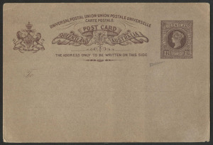 QUEENSLAND - Postal Stationery : POSTAL CARDS: (H&G #8) 1891 UPU 1½d Postal Card chocolate on buff stock, with italicised 'Specimen' handstamp in violet, from the Printer's book; light vertical bends.