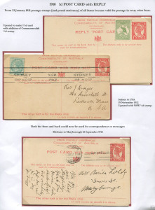 POSTAL CARDS - WITH REPLY: (H&G #20) 1910 UPU 1d Four Corners stamp design selection comprising unused example uprated with ½d Roo, 1912 (Nov.19) uprated with NSW ½d for transit to USA; also 1912 (Sep.2) used from Brisbane to Maryborough, with message on front and back of card, as permitted under regulations. (3)