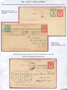 POSTAL CARDS - WITH REPLY: (H&G #20) 1910 UPU 1d Four Corners stamp design selection comprising unused example uprated with ½d Roo, 1912 (Nov.19) uprated with NSW ½d for transit to USA; also 1912 (Sep.2) used from Brisbane to Maryborough, with message on 