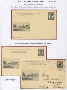 QUEENSLAND - Postal Stationery : POSTAL CARDS (VIEWS): (H&G #11) 1898 1½d unused with erroneous caption for image "Charleville, S. & W. Railway", plus corrected examples captioned "Charleville, Terminus of S. and W. Railway", unused and used in 1898 from Brisbane to England. (3)