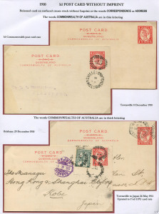 QUEENSLAND - Postal Stationery : POSTAL CARDS: (H&G #18) 1911 1d Four Corners stamp design, with printed 'ADDRESS' removed, on cream stock, comprising unused and used (3) including 1911 uprated from Townsville to Kobe, Japan. (4 items)