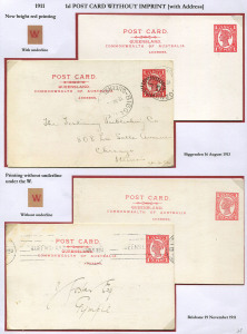 QUEENSLAND - Postal Stationery : POSTAL CARDS: (H&G #17) 1911 1d Four Corners stamp design with printed 'ADDRESS' below header, unused and used examples with or without "Underline beneath 'W' of 'COMMONWEALTH'". (4)