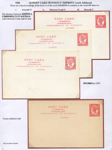 QUEENSLAND - Postal Stationery : POSTAL CARDS: (H&G #17) 1911 1d Four Corners stamp design with printed 'ADDRESS' below header study group including rare example on cream-surfaced stock unused (only recorded example), UPU specimen example with 'BRISBANE/JY27/11' CTO cancel and another with 'COLLECTION/DE/BERNE/MADAGASCAR' specimen cachet; used examples including 1911 Townsville to Japan; various printings, settings or card thicknesses represented. (14 items)