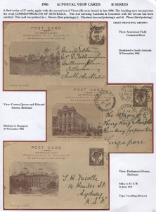 QUEENSLAND - Postal Stationery : POSTAL CARDS (VIEWS): (H&G #15 & 15a) 1908 Medallion Portrait 1d with amended to 'POST CARD' heading, postal usages of 1d Violet-Brown (3), comprising "Arrowroot Field, Coomera River" used 1906 Monkland to Alberton (SA), "Corner Queen and Edward Streets, Brisbane" used 1906 Brisbane to Singapore, and "Parliament House, Brisbane" used 1907 Miles to Sydney; also 1d Plum & 1d Chestnut Cards both views "Ploughing and Harrowing, Green Hills Farm"