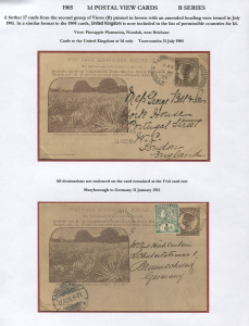 QUEENSLAND - Postal Stationery : POSTAL CARDS (VIEWS): (H&G #14) 1905 Medallion Portrait 1d Chocolate-Brown ("United Kingdom" added to header of permissible countries for 1d rate) on poor quality stock comprising view "Pineapple Plantation, Nundah, near Brisbane" used 1905 Toowoomba to England; also same view used 1906 Maryborough to Germany uprated with ½d added. (2).