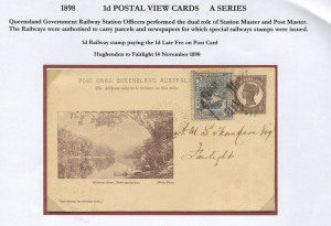 QUEENSLAND - Postal Stationery : POSTAL CARDS (VIEWS): (H&G #10) 1898 1d Medallion Design with Two-Line Header, and Squared-Corners to Views, with unused (2) "South Brisbane and Coal Wharves" & "Charleville, S.and W. Railway" and 1898 postal usages (3) comprising "Mulgrave River, North Queensland" from Hughenden to Fairlight with 1d Railway Stamp added, "South Brisbane and Coal Wharves" from Gladstone to Launceston, "Charleville, S. and W. Railway" from Toowoomba to Brisbane; odd blemish, mostl