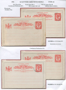 QUEENSLAND - Postal Stationery : LETTER CARDS - WITH REPLY: (H&G #6) 1911 1d Letter Card with Reply Perf 10½ CTO UPU Specimen examples (2); plus Perf 12½ CTO UPU specimen example, and unused; few blemishes. (4 items)