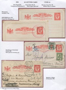 QUEENSLAND - Postal Stationery : LETTER CARDS: (H&G #5) 1911 1d Four Corners Letter Cards (perfs not extending to edge of card) comprising specimen example with 'COLLECTION/DE/BERNE/MADAGASCAR' cachet plus unused and used (2) with 1912 Brisbane to Port Taufiq, Egypt, re-directed on arrival, and 1913 to Switzerland, uprated ½d but still underpaid for 2½d rate, so taxed with Swiss postage due added. (4)