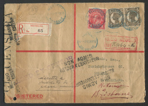 QUEENSLAND - Postal Stationery : REGISTRATION ENVELOPES - FORMULAR: 1916 late use 1891 (?) Size H Formular Registration Envelope for Brisbane stamp dealer W.H. Robinson to Switzerland, with Queensland Void Background 5d pair plus KGV 1d Red tied by 'REGISTERED/BRISBANE' datestamps in blue, Italian censor tape and 'MILANO/POSTA ESTERA' (foreign mail) handstamps, numerous transit backstamps, returned to sender with Brisbane DLO backstamp; also another Size H Formular Registration Envelope (reduced