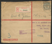 QUEENSLAND - Postal Stationery : REGISTRATION ENVELOPES - FORMULAR: 1916 late use 1891 (?) Size H Formular Registration Envelope for Brisbane stamp dealer W.H. Robinson to Switzerland, with Queensland Void Background 5d pair plus KGV 1d Red tied by 'REGIS - 2