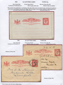 QUEENSLAND - Postal Stationery : LETTER CARDS: (H&G #5) 1911 1d Four Corners Letter Card red on grey laid card Perf.12 with the "Perfs extending to edge of card", unused, less than three examples recorded; also two 1911-12 used cards on cream wove paper (selvedge removed), unrecorded by Collas. (3 items)