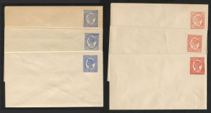 QUEENSLAND - Postal Stationery : ENVELOPES - PTPO: (H&G #2&3) No Corner Figures 1d in pale vermilion (2) or bright vermilion and 2d in pale blue (2) or bright blue on off-white or cream stock for user 'R.S.Mews & Co' (stationers, Brisbane) with company's embossed imprint under flap; odd spot, generally fine, one 1d Envelope with flap stuck down. (6)