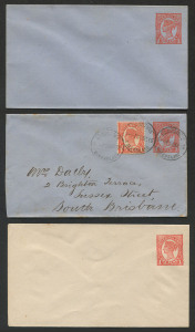QUEENSLAND - Postal Stationery : ENVELOPES - PTPO: 1d Numeral Figures in Lower Corners Only, in Carmine on cream stock, unused; also in Vermilion on blue stock unused, and 1906 (Mar.29) uprated postal use from Gladstone to South Brisbane; unknown users; not listed by Higgins & Gage. (3)