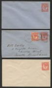 QUEENSLAND - Postal Stationery : ENVELOPES - PTPO: 1d Numeral Figures in Lower Corners Only, in Carmine on cream stock, unused; also in Vermilion on blue stock unused, and 1906 (Mar.29) uprated postal use from Gladstone to South Brisbane; unknown users; n