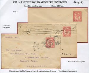 QUEENSLAND - Postal Stationery : ENVELOPES - PTPO: (H&G #4a) 1d Four Corner Figures in vermilion on cream paper stock for unknown user, unused and used (2) comprising 1905 (Feb.16) Brisbane to Gladstone endorsed 'VOUCHER ONLY' (few age spots), and 1912 (May 20) Brisbane to Toowoomba. Postally used examples are extremely rare. (3)