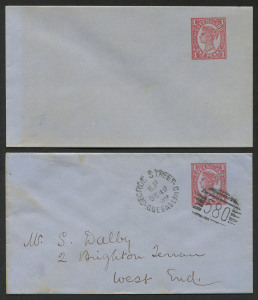 QUEENSLAND - Postal Stationery : ENVELOPES - PTPO: (H&G #4a) 1d Four Corner Figures in vermilion on grey/blue stock for unknown user, unused and 1899 (Dec.19) Brisbane local use, envelope tied by Bars '580' cancel with 'GEORGE STREET/QUEENSLAND' datestamp alongside. (2)
