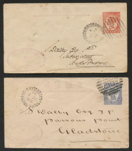 QUEENSLAND - Postal Stationery : ENVELOPES - PTPO: (H&G #2&3) No Corner Figures 1d in orange-red and 2d in ultramarine on cream stock for user 'Police Court, South Brisbane', the former 1896 (Oct.17) South Brisbane local use, the latter 1897 (Dec 3) to Gladstone (backstamp), both with 'OHMS' rubber handstamps, Police Court oval cachets and SOUTH BRISBANE Bars '215' cancels; some light spotting. The only recorded examples.