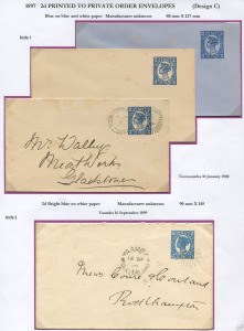 QUEENSLAND - Postal Stationery : ENVELOPES - PTPO: (H&G #5) 2d Four Corner Figures in blue for unknown users with pale blue on white stock unused; on cream stock unused and used (3) with 1899 & 1900 Yaamba to Rockhampton or 1900 Toowoomba to Gladstone; on blue stock unused and 1905 used Toowoomba to Gladstone; some light aging, generally fine. (7)