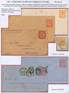 QUEENSLAND - Postal Stationery : ENVELOPES - PTPO: (H&G #2&3) 1896 No Corner Figures Envelopes on various paper stock for unknown users comprising 1d unused (6), including three 97x120mm Ladies Envelopes, and used (2) 1902 Gladstone to Brisbane endorsed 'Printed Matter Only' and 1903 Brisbane to Gladstone uprated with ½d Widow Weeds pair; 2d unused (5) including two with stamp inverted to lower-left corner in relation to the flap at top, and used (2) both 1903 from Gladstone