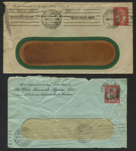 QUEENSLAND - Postal Stationery : ENVELOPES - PTPO: (H&G #4a) 1d Four Corner Figures in Vermilion on window envelopes for user 'The White Mercantile Agency Ltd', one on off-white paper (93x166mm), the other on greenish-blue stock (89x152mm), the former with printed 'United Distributing Companies Ltd, Head Office, Sydney' on reverse, 1911 (Nov.4) or 1913 (Jan.15) BRISBANE machine cancels; opening faults. Two of the only four examples recorded.