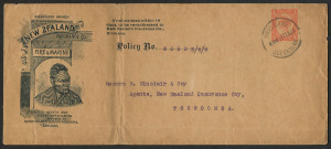 QUEENSLAND - Postal Stationery : ENVELOPES - PTPO - NEW ZEALAND INSURANCE Co: (H&G #4) 1902 Four Corner Figures 1d in vermilion for New Zealand Insurance Co Fire & Marine King Wherowhero First Design on buff stock (105x242mm), with Type 2 Illustration Panel at left, Knife Type 1, with Return Address admonition & printed 'Policy No.' beneath; used 1905 (Feb.15) Brisbane to Toowoomba (backstamp).