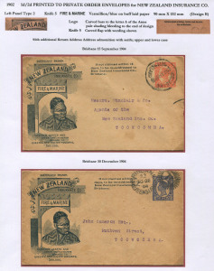 QUEENSLAND - Postal Stationery : ENVELOPES - PTPO - NEW ZEALAND INSURANCE Co: (H&G #4&5) 1902 Four Corner Figures 1d in vermilion & 2d in blue for New Zealand Insurance Co Fire & Marine (90x152mm) King Wherowhero First Design on buff stock, with Type 2 Illustration Panel at left, Knife Type 5, the former used 1904 (Sep.15) Brisbane to Toowoomba, the latter 1904 Brisbane to different address in Toowoomba; both with typed addresses. (2)