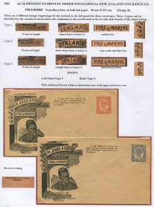 QUEENSLAND - Postal Stationery : ENVELOPES - PTPO - NEW ZEALAND INSURANCE Co: (H&G #4&5) 1902 Four Corner Figures 1d in vermilion & 2d in blue for New Zealand Insurance Co Fire & Marine (90x152mm) King Wherowhero First Design on buff stock, with Type 1 Illustration Panel at left, Knife Type 5; unused. (2)