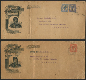 QUEENSLAND - Postal Stationery : ENVELOPES - PTPO - NEW ZEALAND INSURANCE Co: (H&G #4&5) 1902 Four Corner Figures 1d in vermilion & 2d in blue for New Zealand Insurance Co Fire & Marine (105x242mm) King Wherowhero First Design on buff stock, with Type 3 Illustration Panel at left, Knife Type 1; the former used 1903 (Dec.4) Brisbane to Toowoomba (backstamp), the envelope re-used in 1910 as a 2d rate "Packet Post" cover to Indiana with US Customs (Seattle) handstamp;